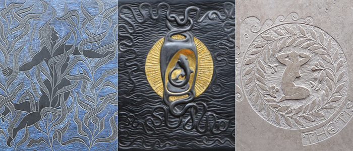 three pieces of letter carving artwork from the Nereids exhibition