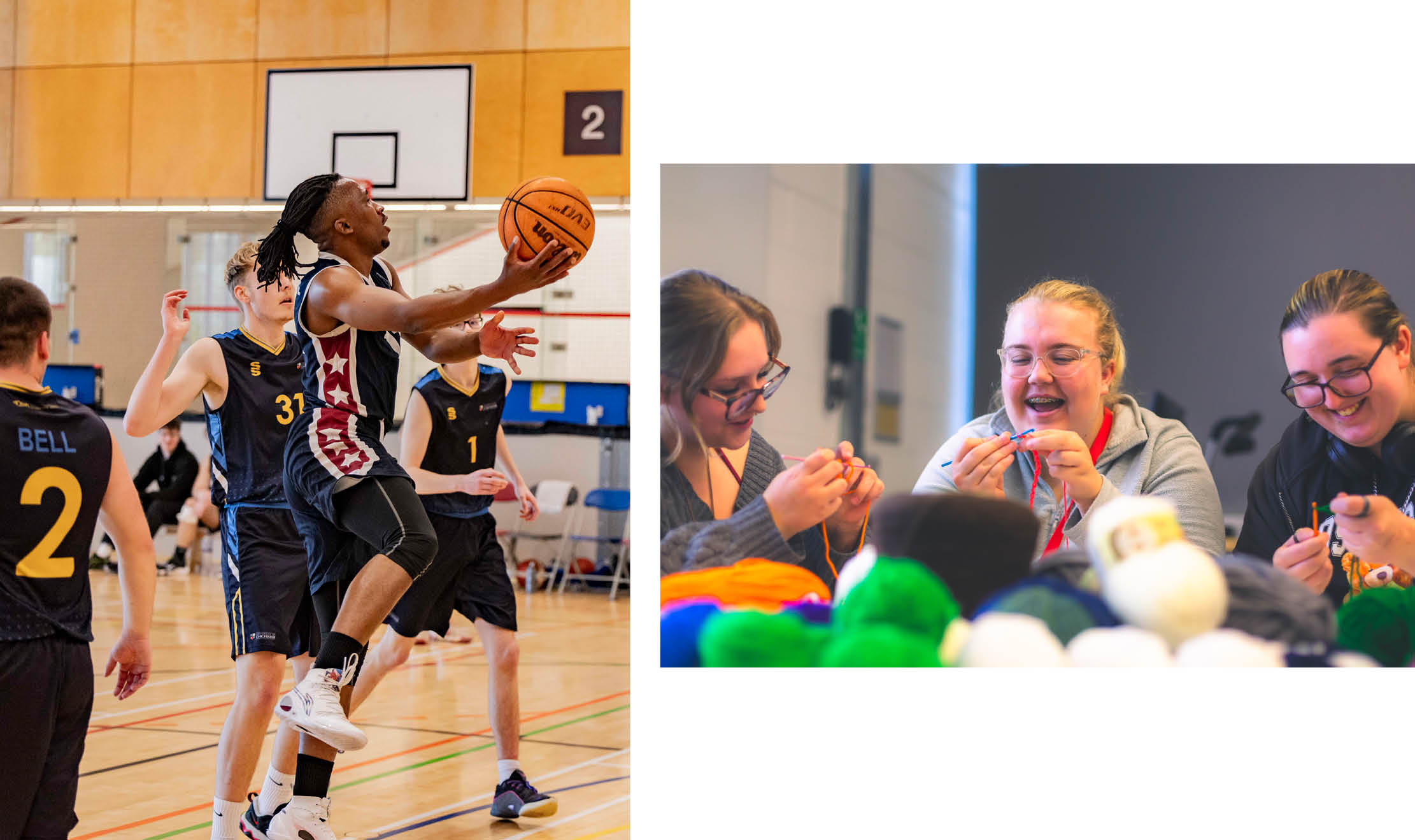 A student plays basketball while another three take part in a knitting group