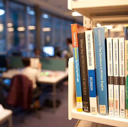 Books on a shelf in the Library