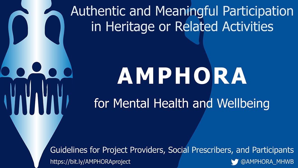 Text reads: Authentic and Meaningful Participation in Heritage or Related Activities - AMPHORA for Mental Health and Wellbeing. Guidelines for Project Providers, Social Prescribers and Participants.