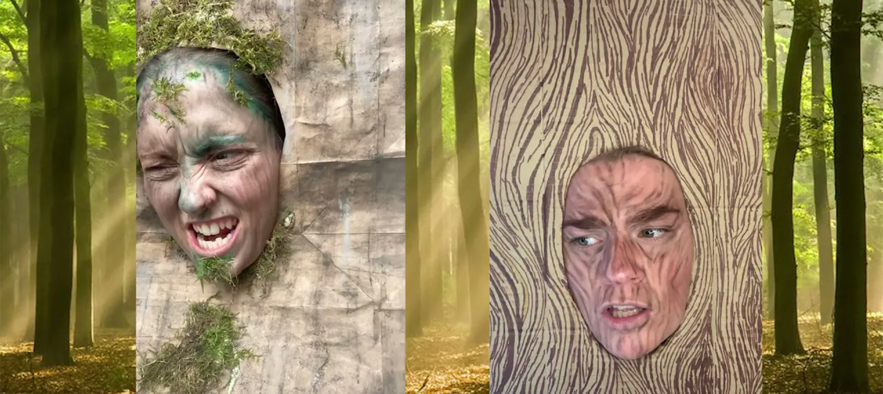 Two students facepainted to look like tree trunks