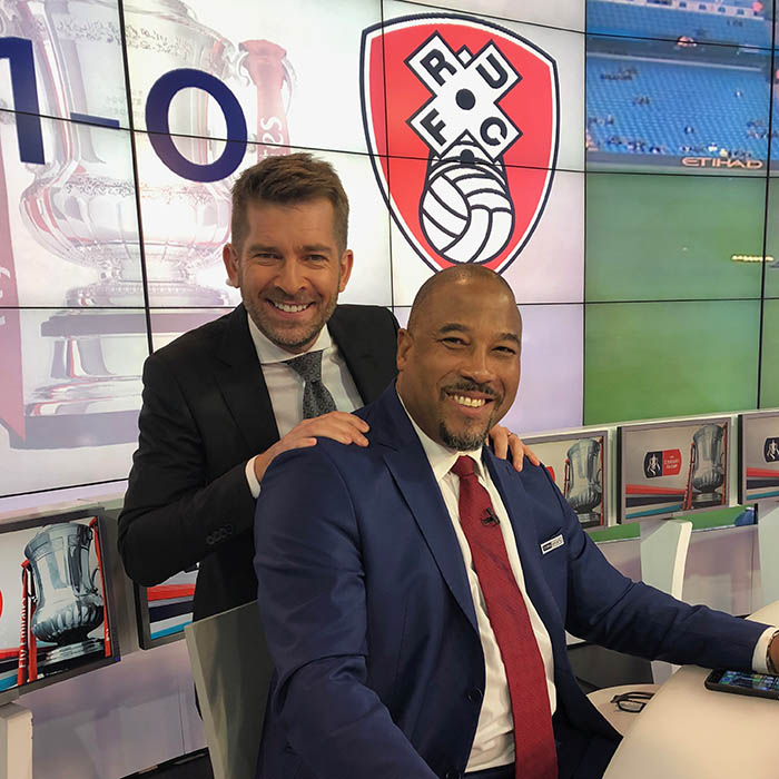 Angus Scott and John Barnes in the TV studio