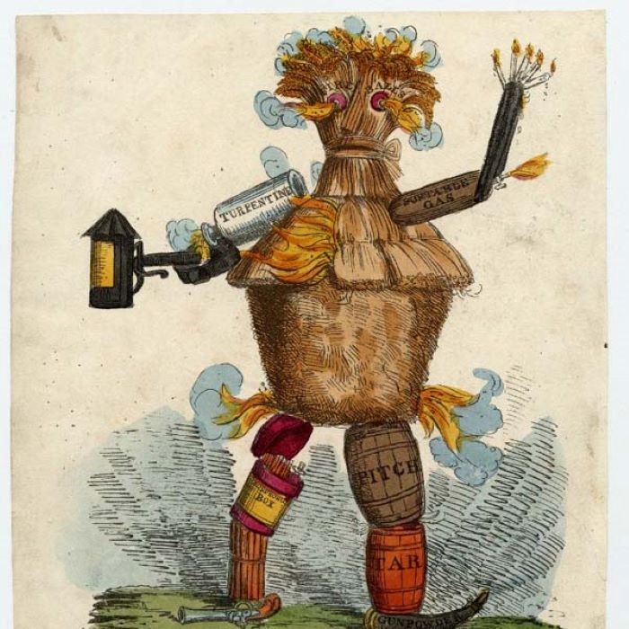 Early 19th century cartoon of a figure with a wheatsheaf for a head, hayrick for a body and barells for legs