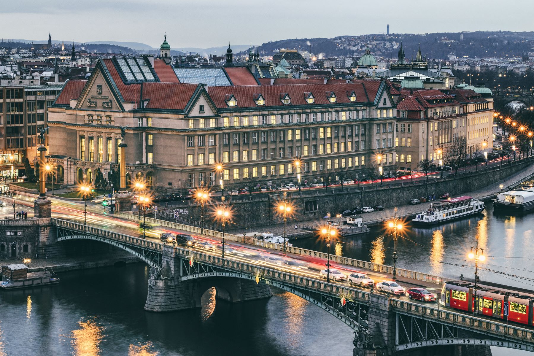 Building by a bridge by a river