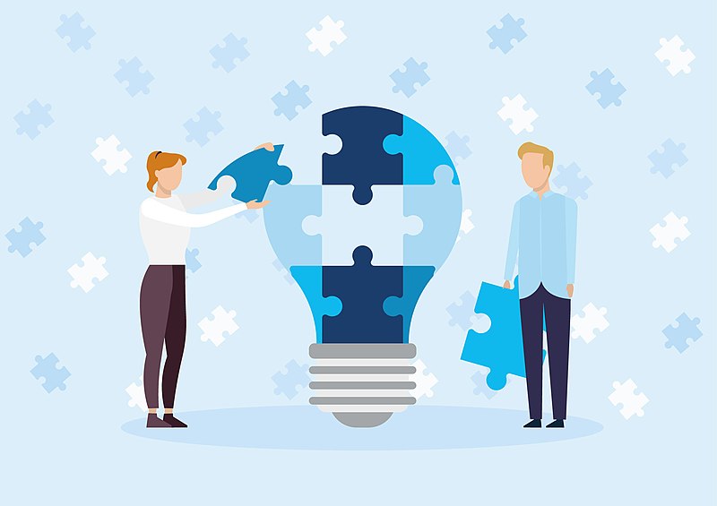 Grpahic showing two figures making a lightbulb with jigsaw pieces
