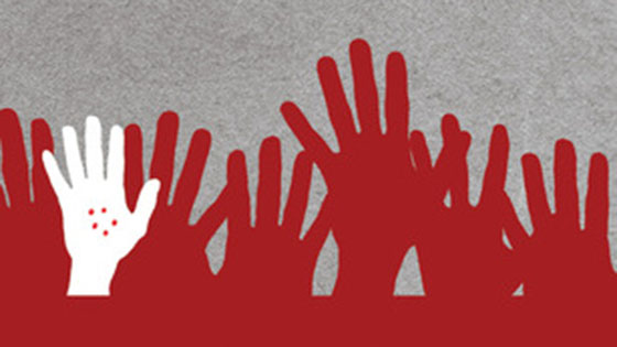 Illustration of red and white hands reaching up