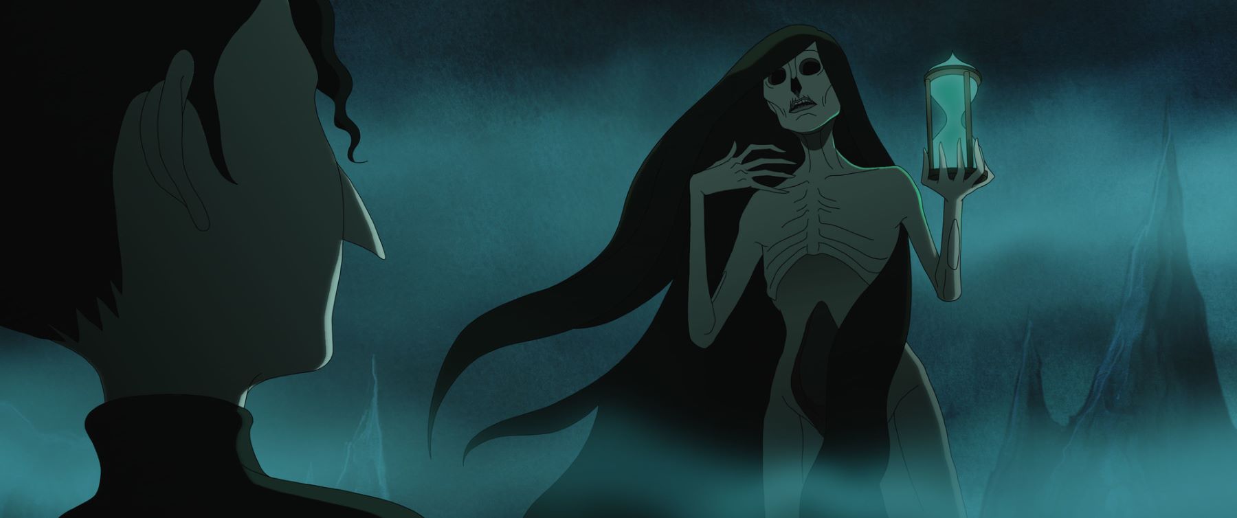 Still from animated film showing death, as a woman, holding up an hourglass