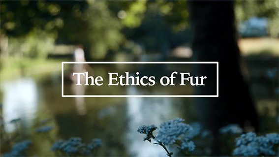 The Ethics of fur white text on background of a river