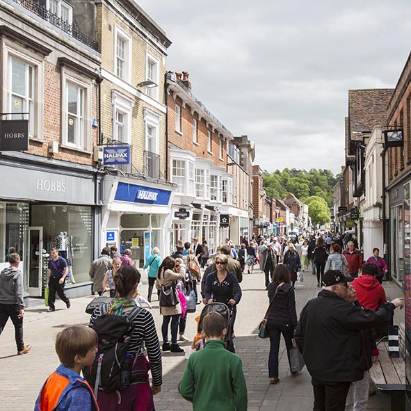 Birds eye view of Winchester high street and Winchester Guildhall