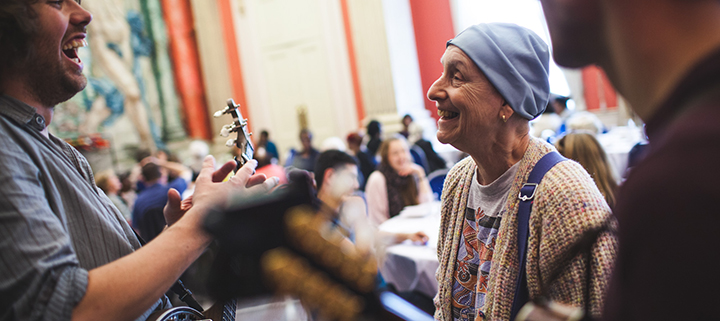 Female care home resident listening to music