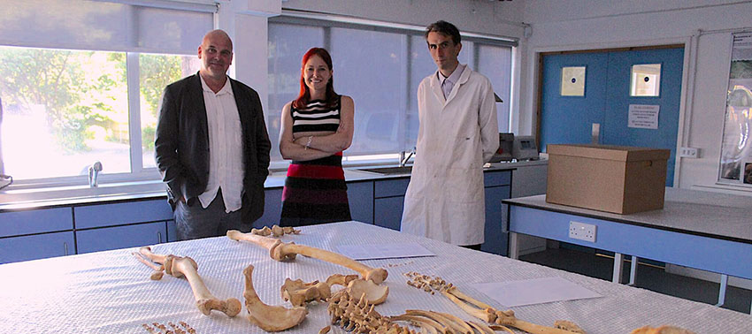 Three people in a lab looking at human bones on a table