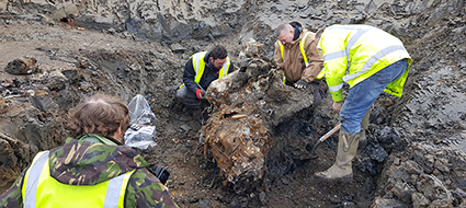 Two male Archaeologists excavating in muddy field around plane debris