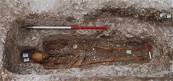 Human skeleton in ancient grave