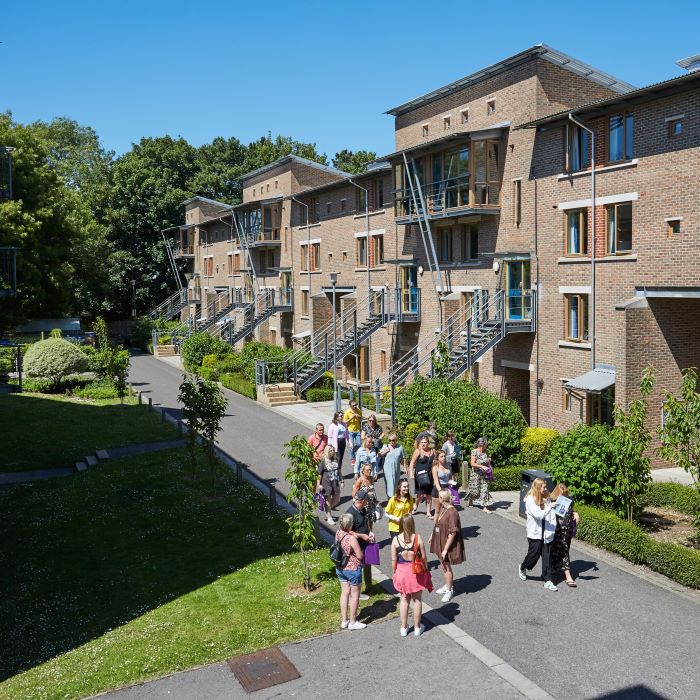 Accommodation blocks with students outside