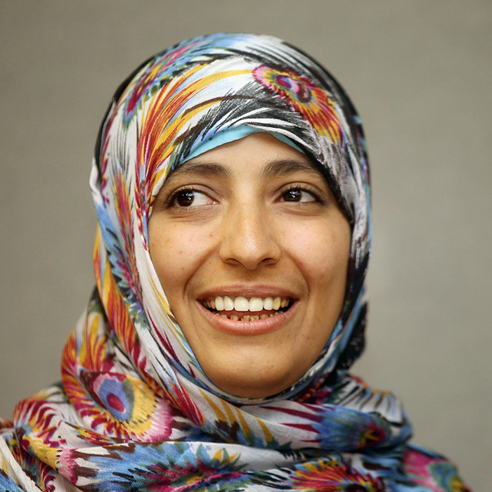 Head and shoulders of woman wearing patterned hijab