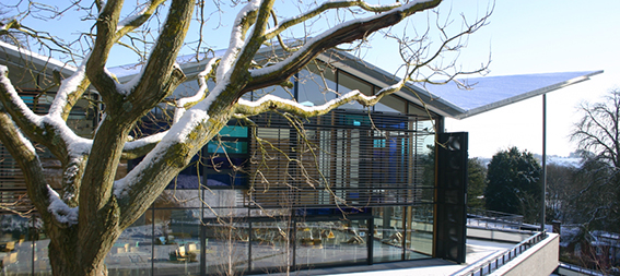 Outside of the University Centre building with snow