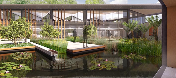Architecct's impression of the courtyard garden with a pond surrounded by lush green planting