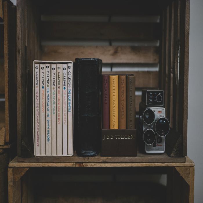 Books and a camera on a shelf