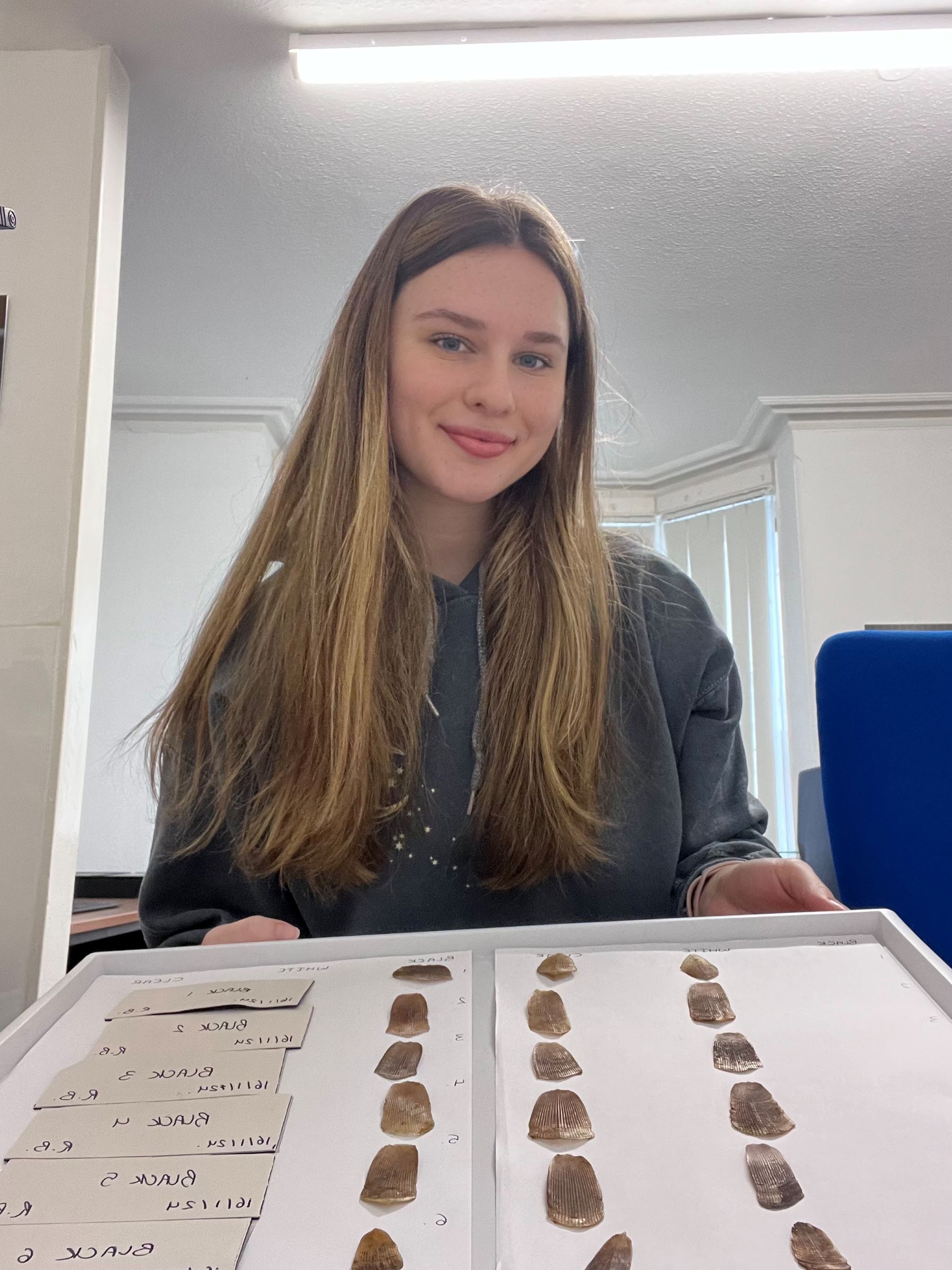 Young woman with a tray full of small scales