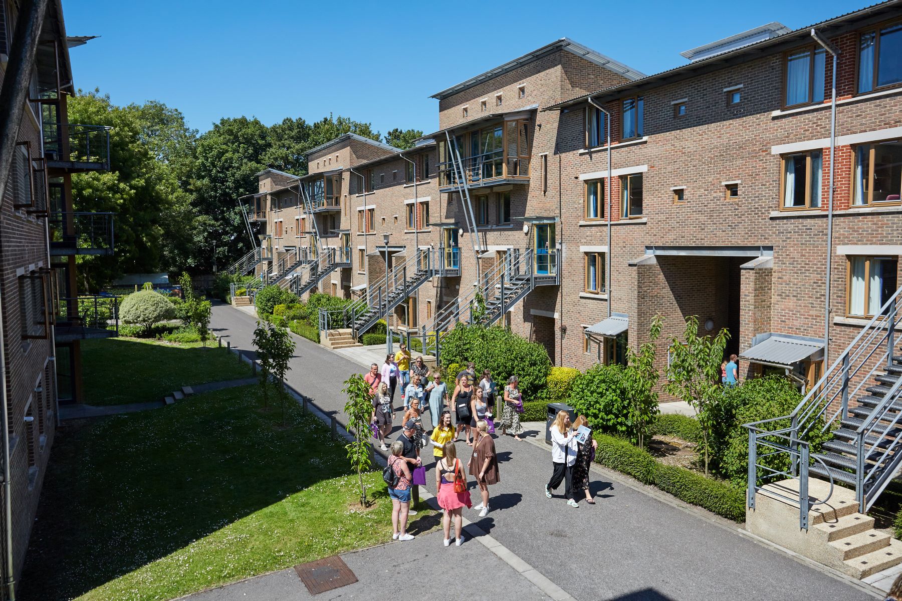 Accommodation blocks with students outside