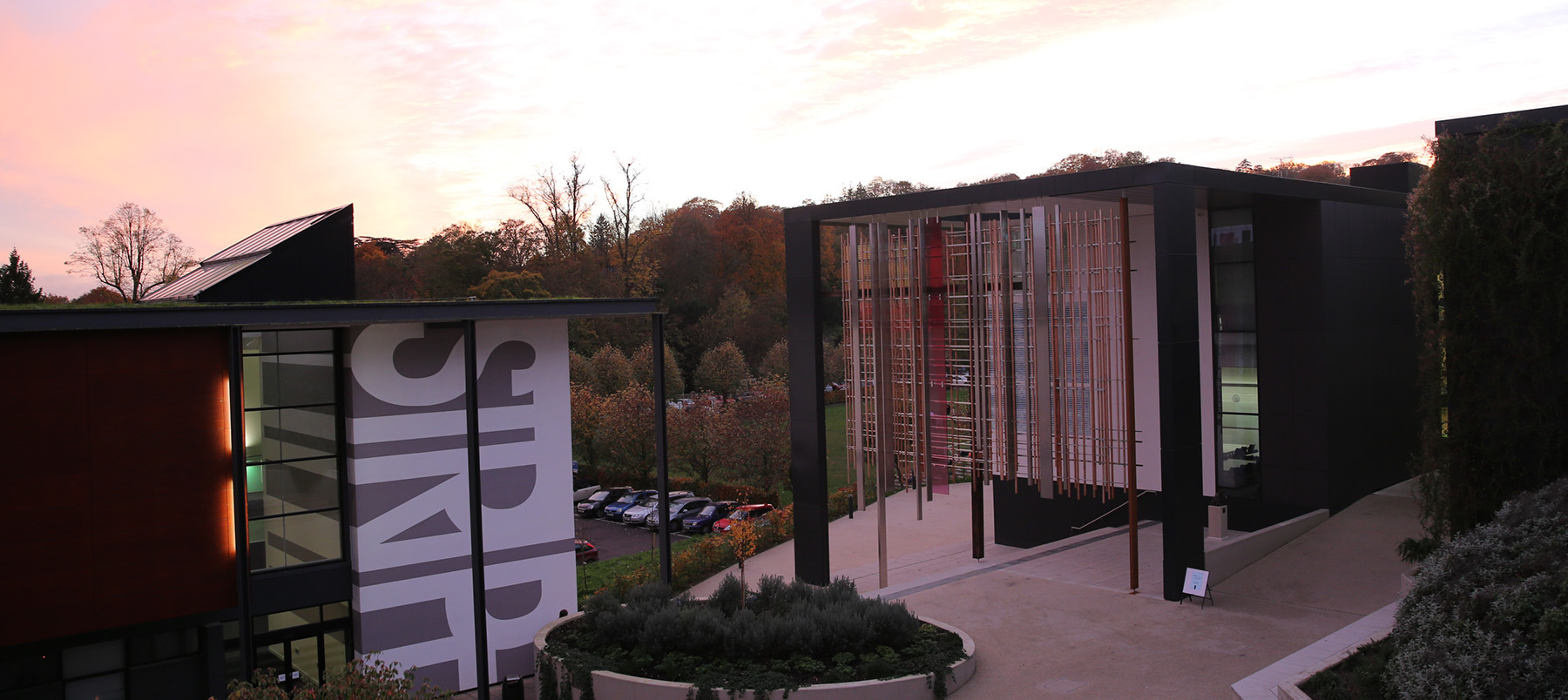 Campus buildings with pink and yellow sunset