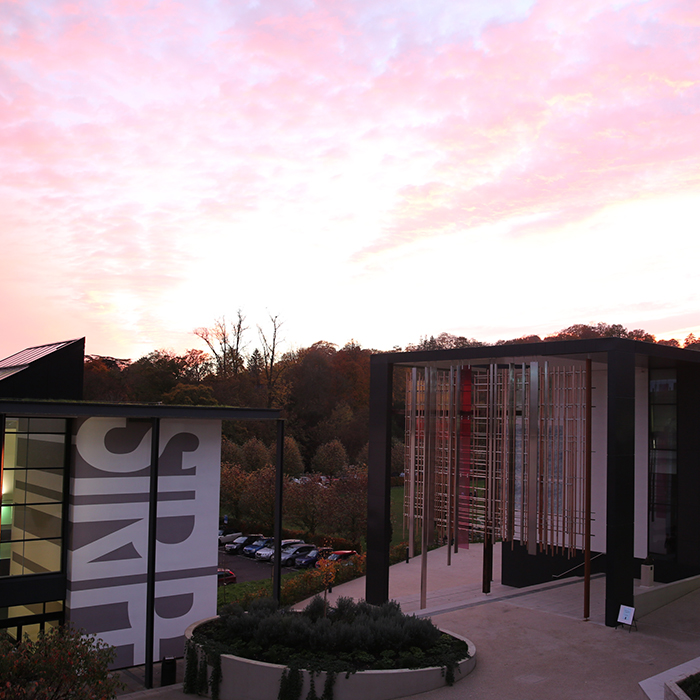 Campus buildings with pink and yellow sunset