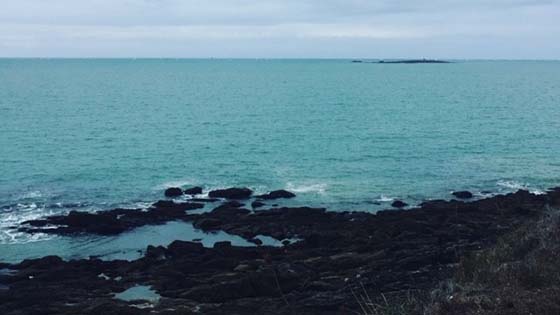 Coastline with dark rocks in the foreground