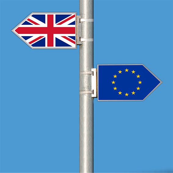 UK and EU Flags displayed as opposing directions on a signpost