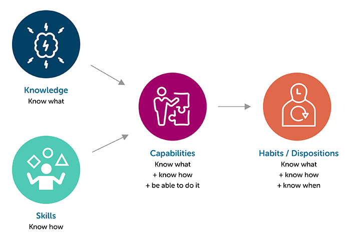 Diagram showing: Knowlegde and skills inform capabilities, which inform habits and dispositions