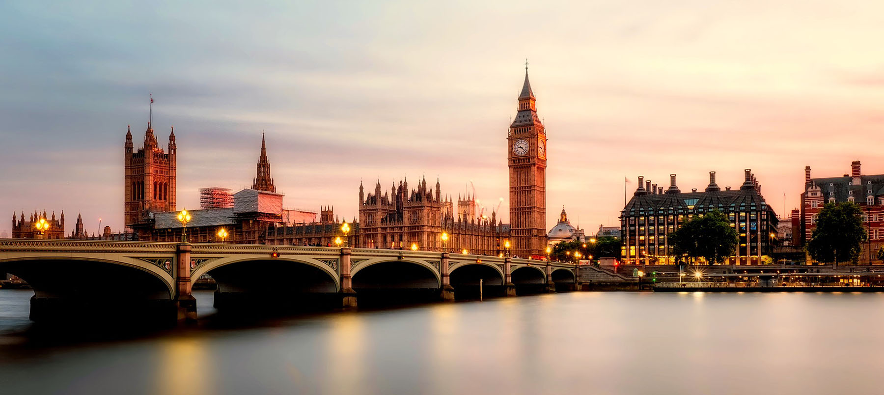 Wide shot of Houses of Parliament in London