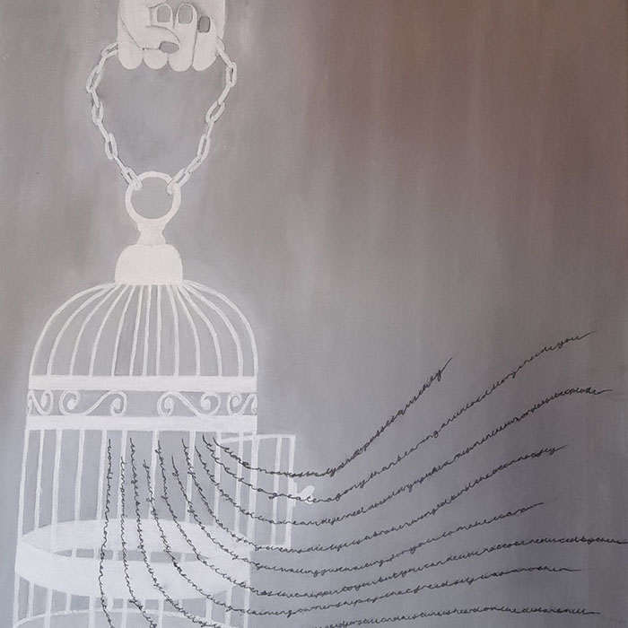 Monochrome paining of birdcage with lines of words escaping