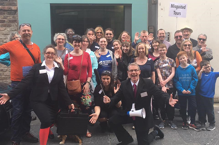 Dr Richard Cuming, Senior Lecturer in the Department of Performing Arts with performers from The Misguided Tour with Fuse Performance at the Festival of Fools