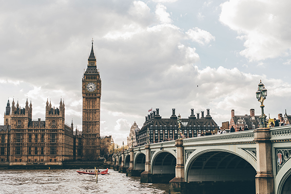 Wide shot of Houses of Parliament and London Bridge