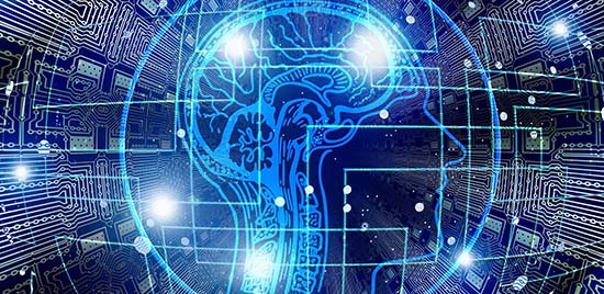 Blue digital circuit board with outline of brain in skull algorithm