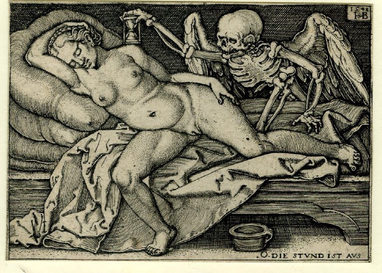 Sketch of skeleton leaning over naked woman holding hourglass
