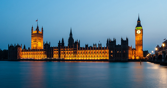 Wide shot of Houses of Parliament in London