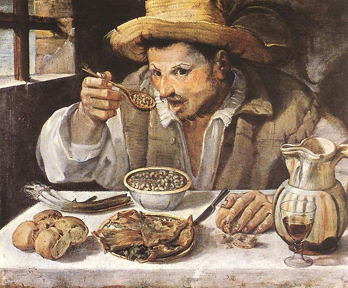 Painting of a man eating beans
