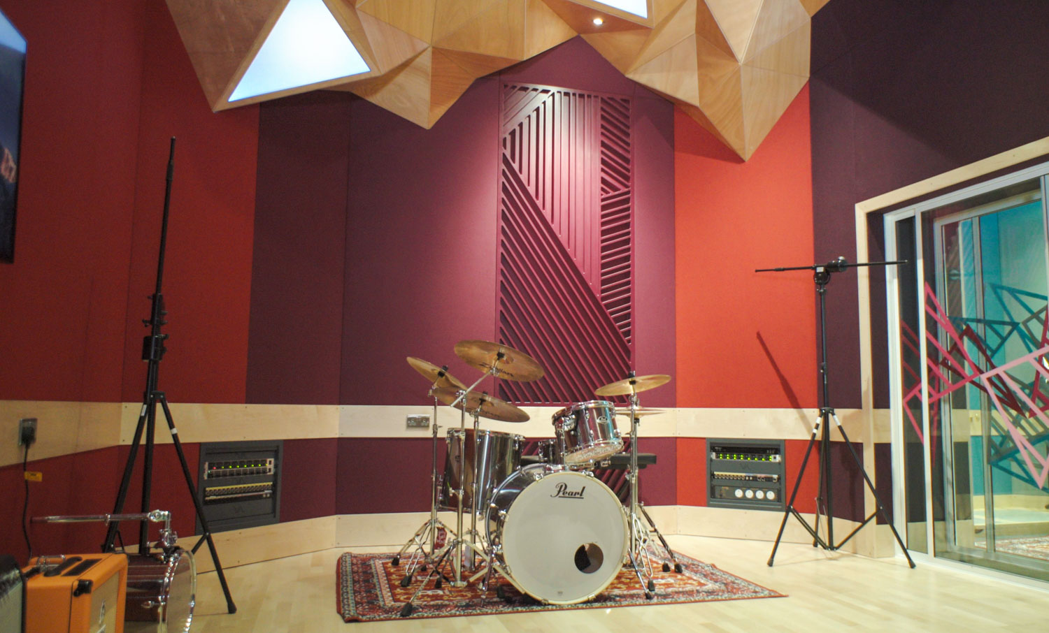 Drum kit in a music recording studio 