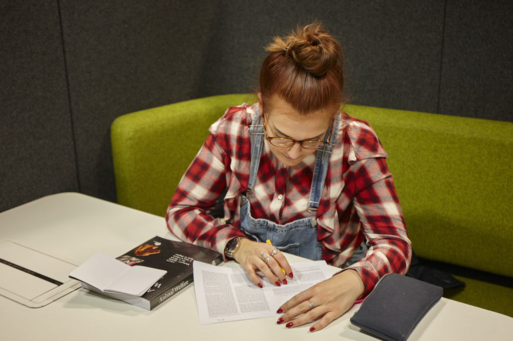 Student taking notes on a print-out next to a book