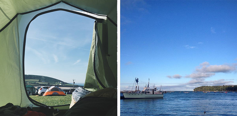 View of a campsite from inside  tent, and a boat on a lake