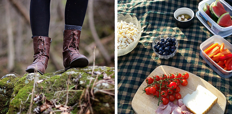 Person wearing walking boots, and a picnic of fruit and veg