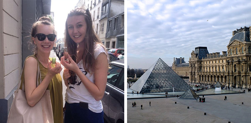 Two women standing next to each other, and view of the Louvre museum in Paris