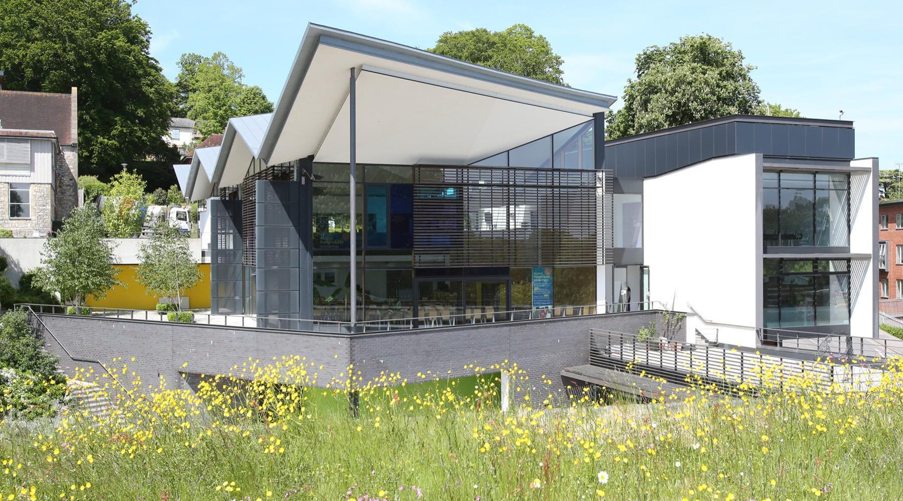 King Alfred centre with grass and flowers