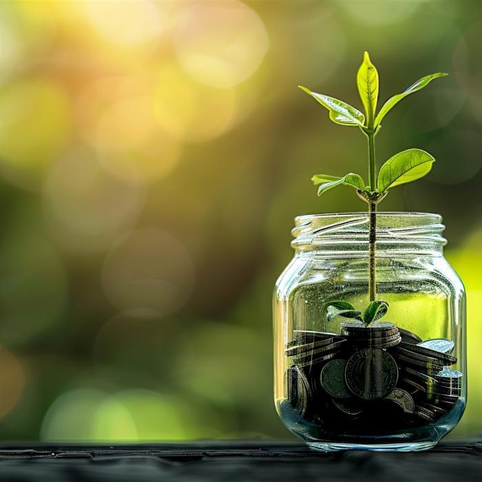 A jar of coins with a plant growing out of it
