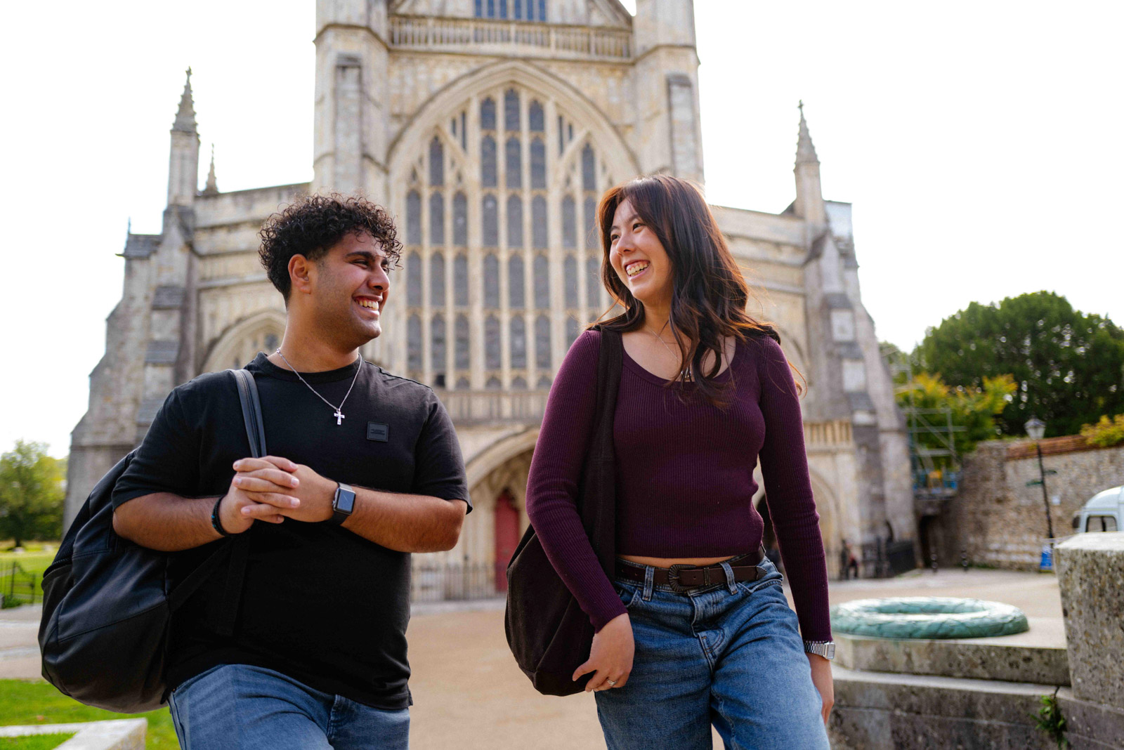 Students walking in front of Winchester Cathedral
