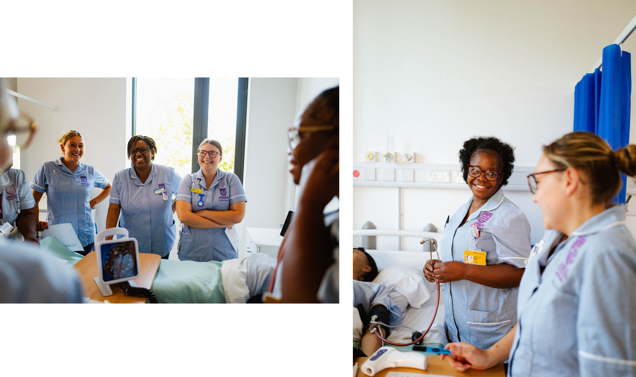 Nurses being taught in a simulated hospital ward environment