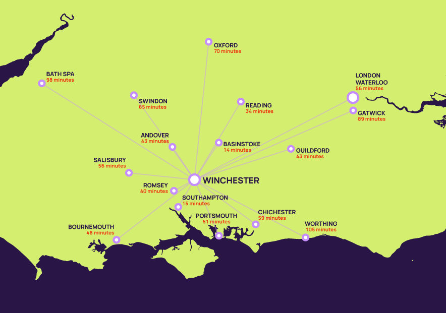 A map showing the local rail network to Winchester