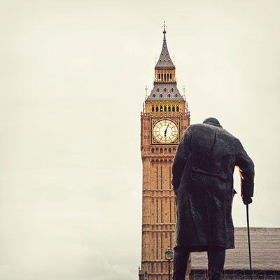 Statue of Winston Churchill in front of Big Ben in London