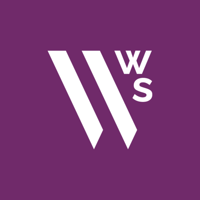 Purple square with white logo