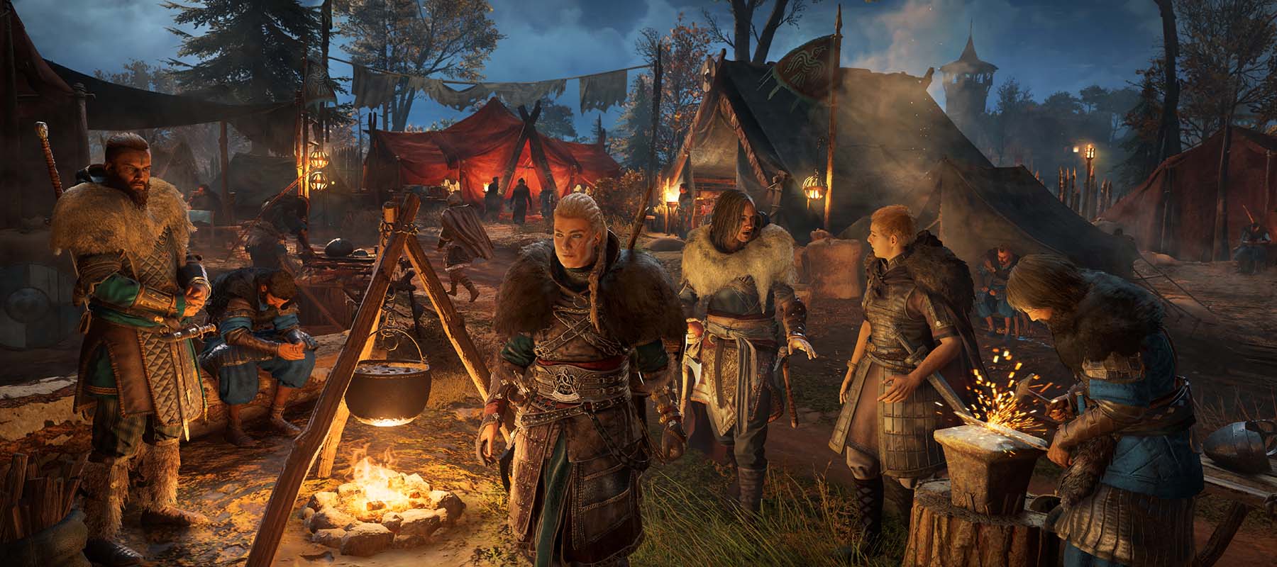 Viking camp with people mingling and talking around the fire